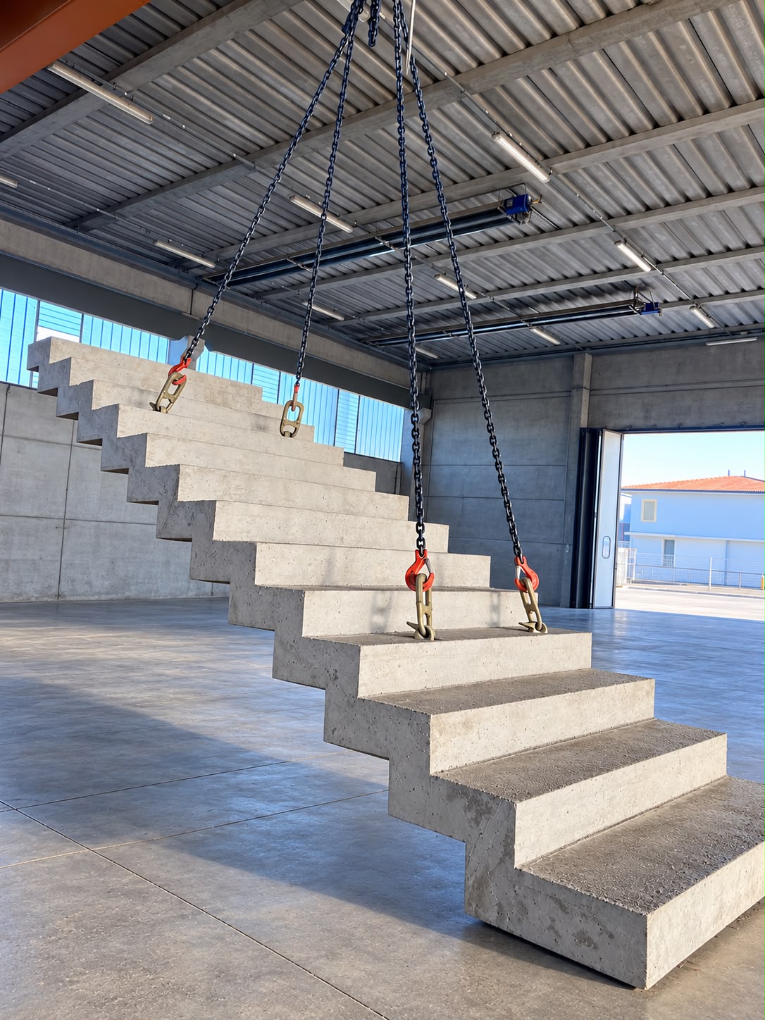 Scala prefabbricata in cemento armato sollevata con le catene in fabbrica
